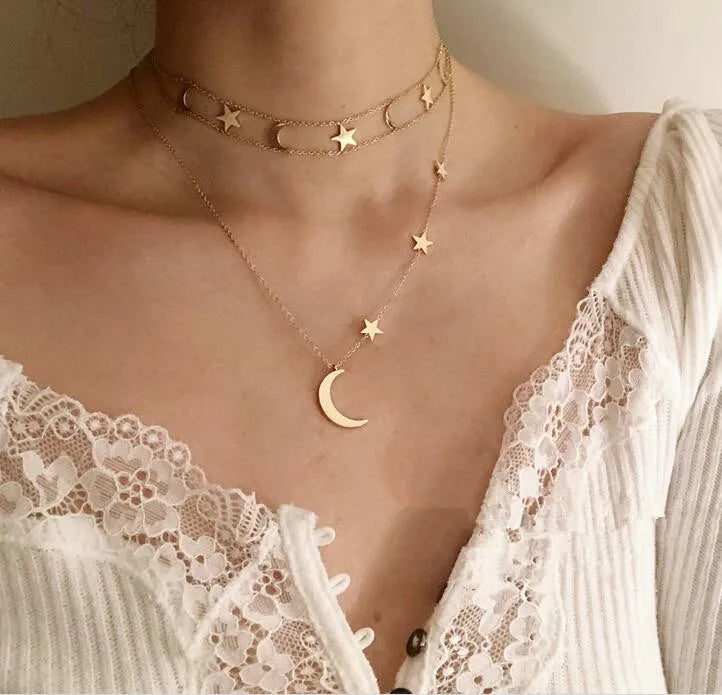Boho Geometric Star Choker Necklaces Multilayer Link Chain Pendant with Moon for Weddings Parties Engagements