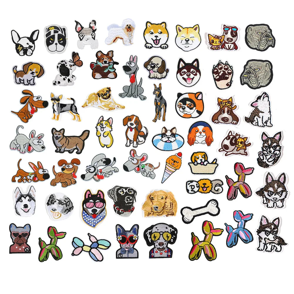 Hot Sale Cute Cartoon Custom Iron on Embroidered Husky Pet Puppy Ballon Dog French Bulldog Bone Patches for Kids Clothes