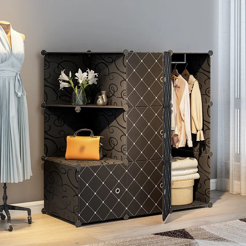 Modern Black Checkered Plastic Wardrobe Extendable Bedroom Furniture for Clothes Storage for Living Room Workshop Hospital