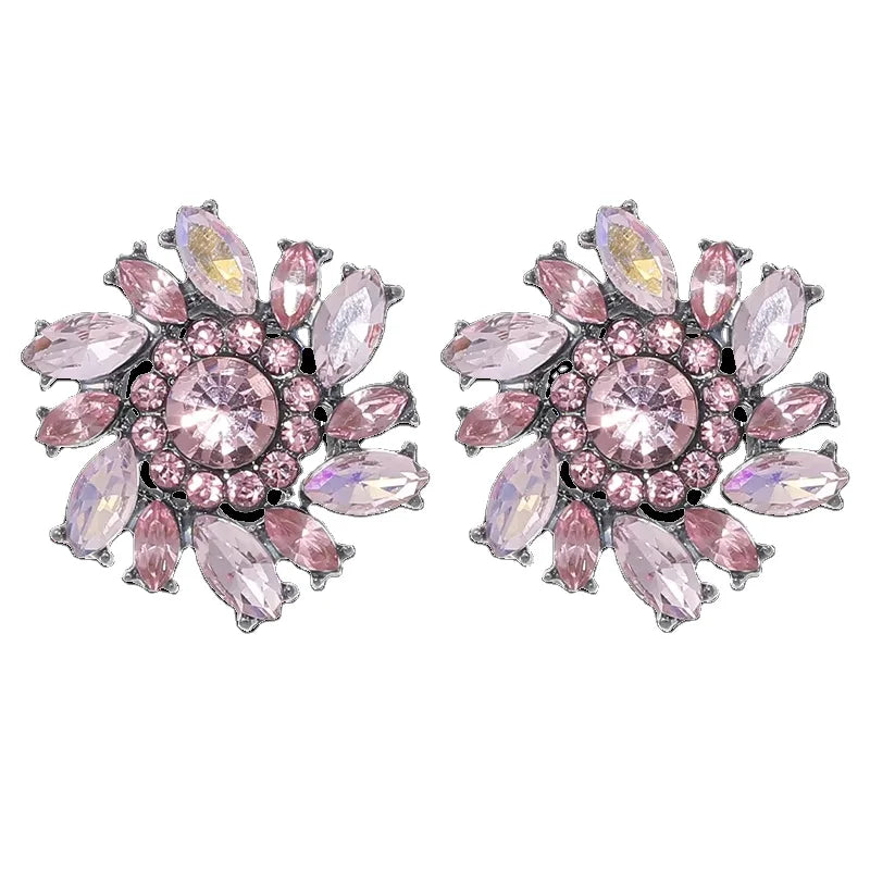Chic Glass Crystal Round Floral Earrings Colorful Rhinestone Crystal Flower Stud Earrings for Lady