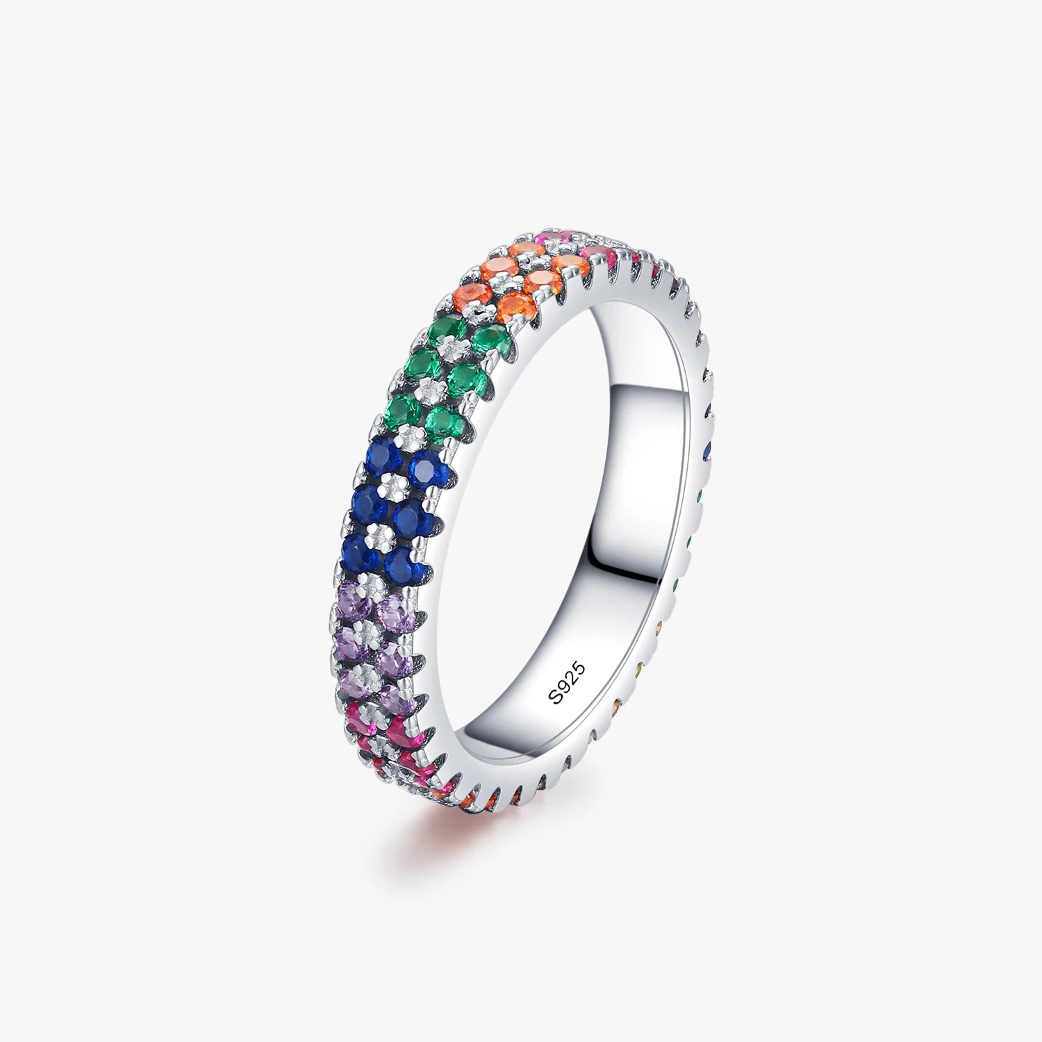 Pure 925 Sterling Silver Rainbow Color Fine Jewelry Bright Multi-color Cubic Zirconia Fashion Eternity Band Rings for Women