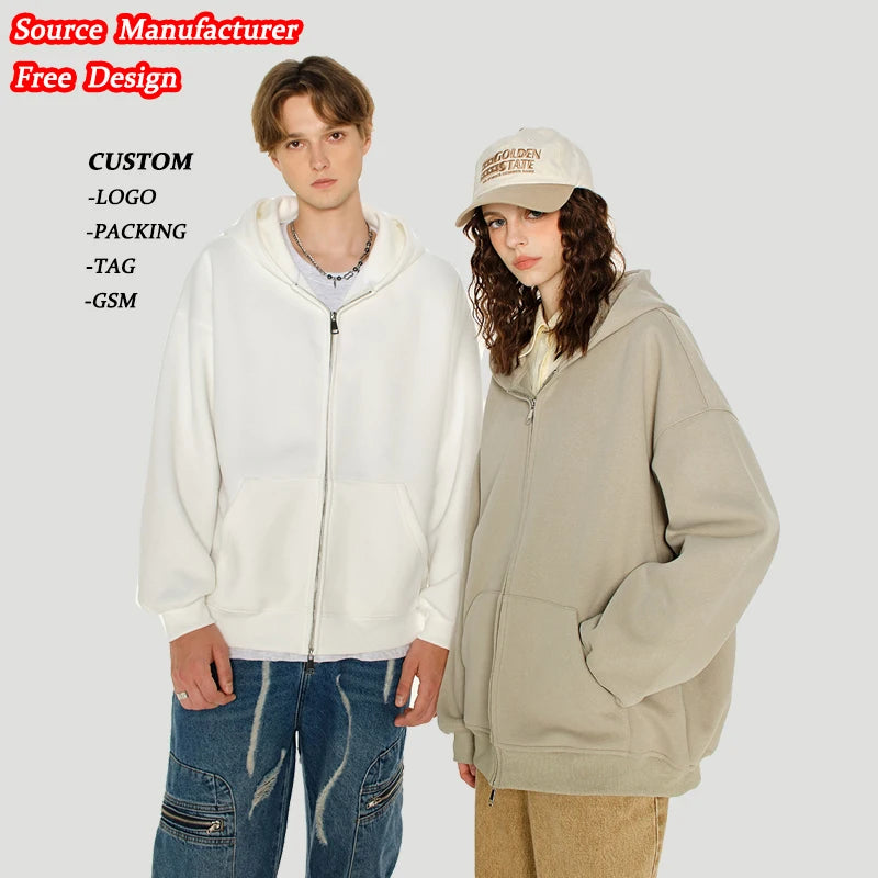 American Custom Heavy Street Wear Cardigan Hoodie Unisex Double Zipper Solid Color Zip up Hooded Coat Mens Hoodies&Sweatshirts
