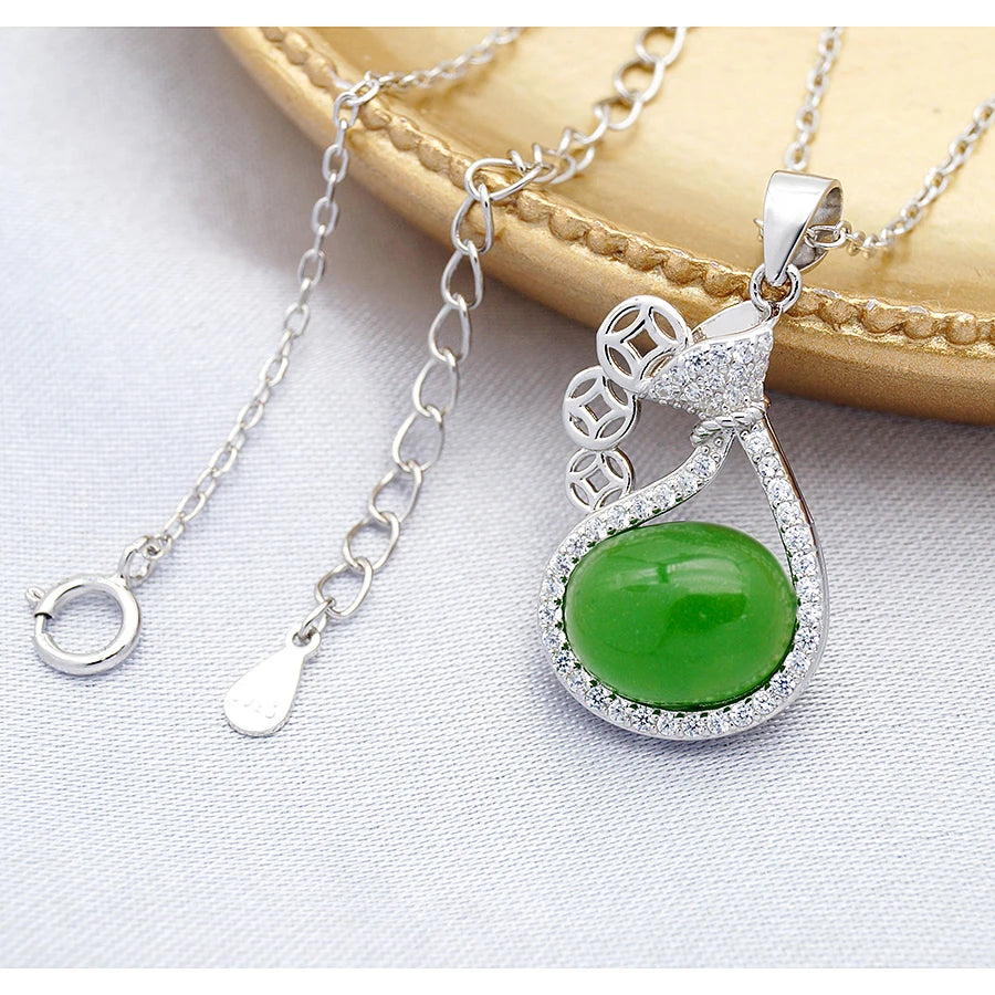 925 Silver Cubic Zirconia Jewelry Chinese Style Money Bag Ancient Wallet Synthetic Jade Green Agate Necklace for Women