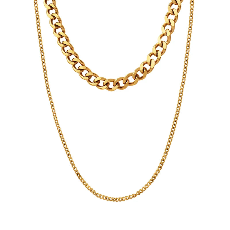 Unique Style Double Layer Thick and Thin Chain Personalized Stacked Stainless Steel Necklace 18k Gold Filled