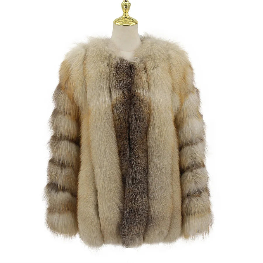 QC23012 New Arrival Golden Island Fox Fur Trimmed Breathable Casual Coat