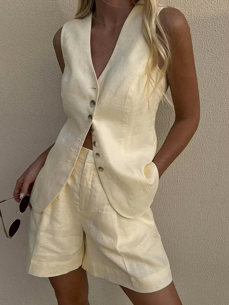 Enyami Fashion Outfit Beige Sleeveless Vest Shorts Suit Sets Cotton Linen Vintage Button Cozy Women Two Piece Set