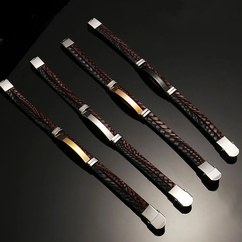 Vintage Engraved Words Bracelet Braided Woven Bracelet Stainless Steel Leather Bracelet for Men