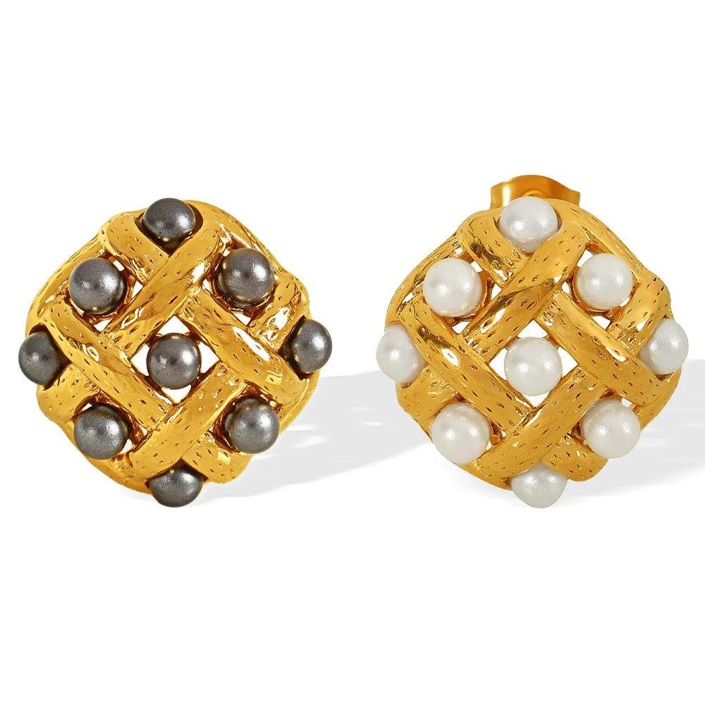 French Elegance Cold Style Ornament Woven Mesh Pattern Jiugongge Inlaid Shell Pearls Design Titanium Steel Earrings