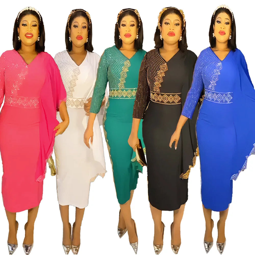 Popular Design African Dresses Polyester Elastic Fabric Rhinestone Luxury for Women 2023