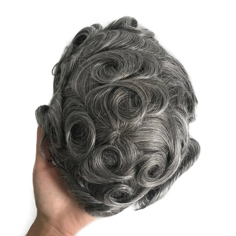 Natural Indian Human Remy Hair Grey Hair Transparent Thin Skin PU Base Men Toupee