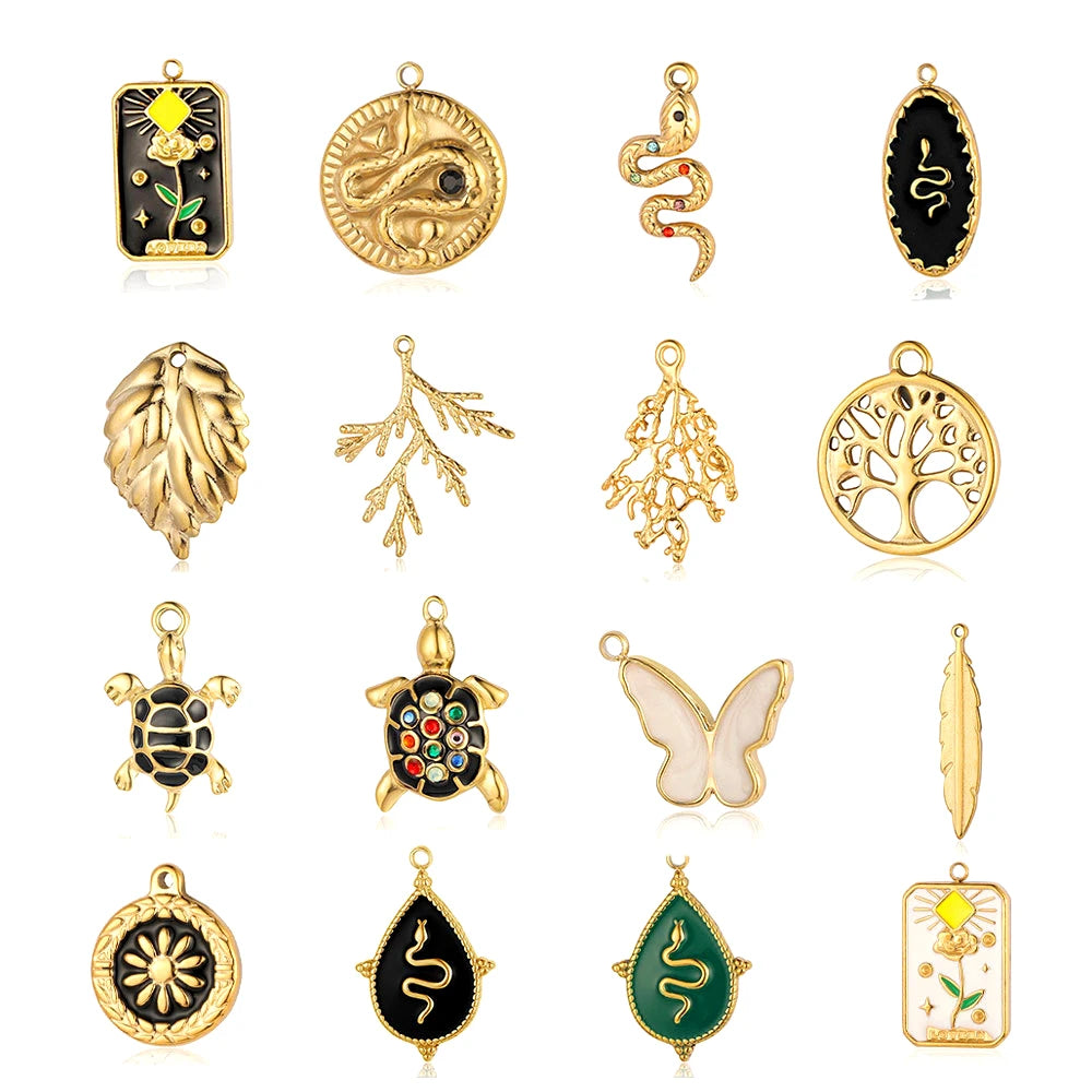 Fashion Branches Leaves Tree Flower Feather Turtle Snake Butterfly Multi-Color Oil Drop Color Diamonds Stainless Steel Pendant