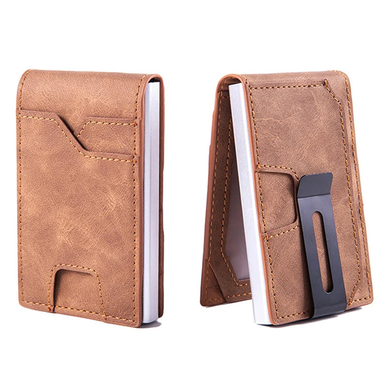 RFID Protection Aluminum Pop up Card Holder Men Minimalist Credit Card Holders PU Leather and Metal Thin Wallet With Money Clip