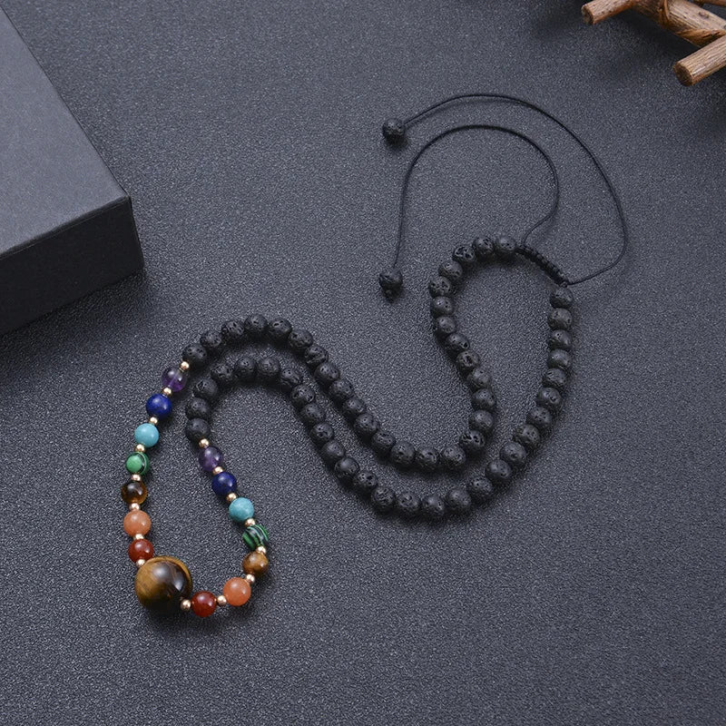 Wholesale 6mm Natural 7 Chakra Bead Crystal Agate Lava Stone Woven Knotted Necklace Fashion Yoga Meditation Jewelry for Women