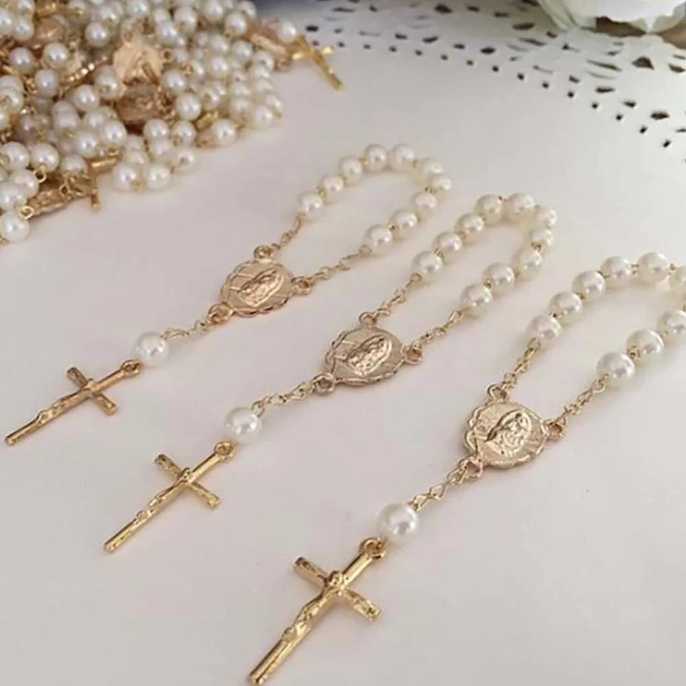 SC New Arrival Trendy Tiny Pearl Bracelet Simple Mini Rosary Bracelet Vintage Jesus Maria Cross Bracelet Gift to My Son