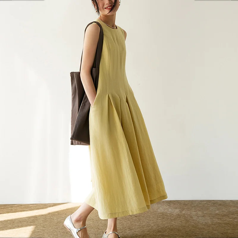 New Arrival Summer 100% Linen Sleeveless Elegant Modest A-Line Casual Midi Dress for Women Washable