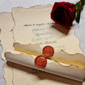 Custom Romantic Vintage Letter Scroll Invitation with Aged Burned Edges Embossed logo Red Wax Seal Box
