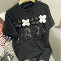Boutique Wholesale 2026 Summer New Fashionable Flower Letter Sequin Round Neck Short Sleeved Women's T-shirt