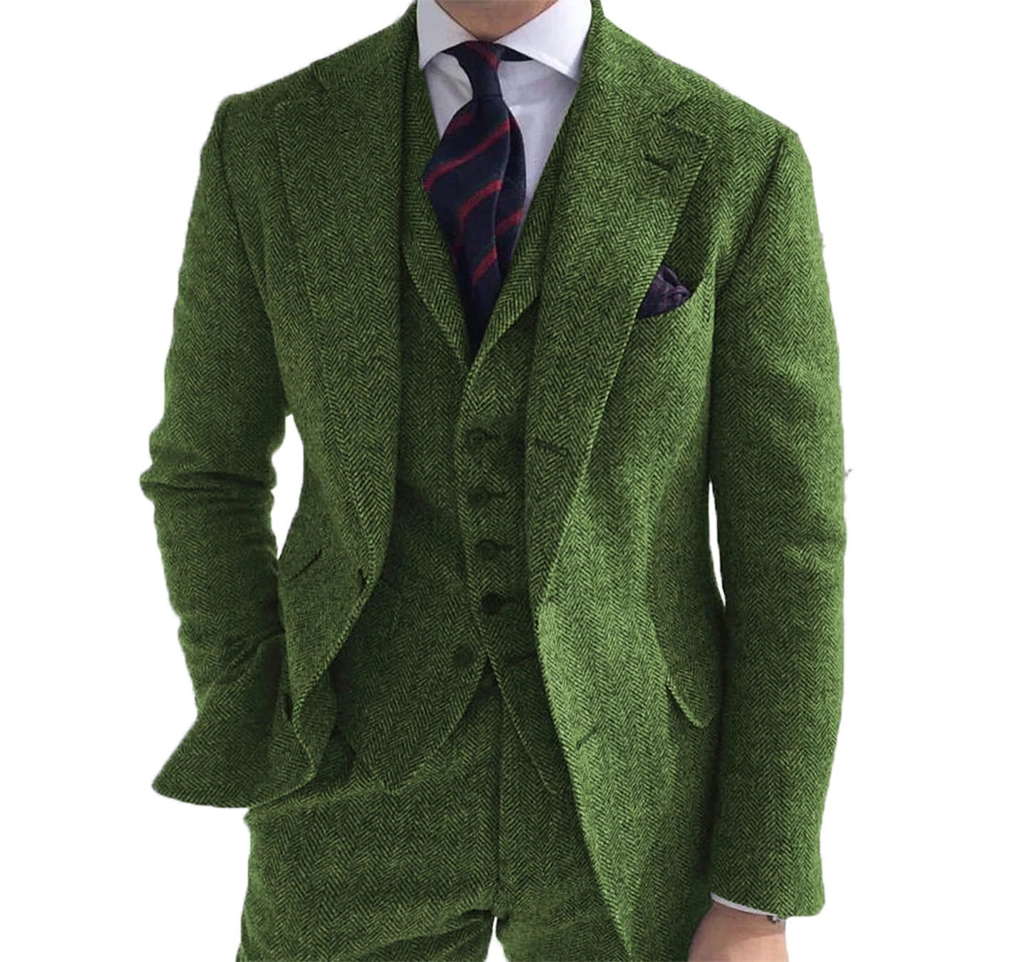 Wholesale Men Suits 3 Pieces Green Wool Tweed Business Retro Classic Pattern Tuxedos for Wedding