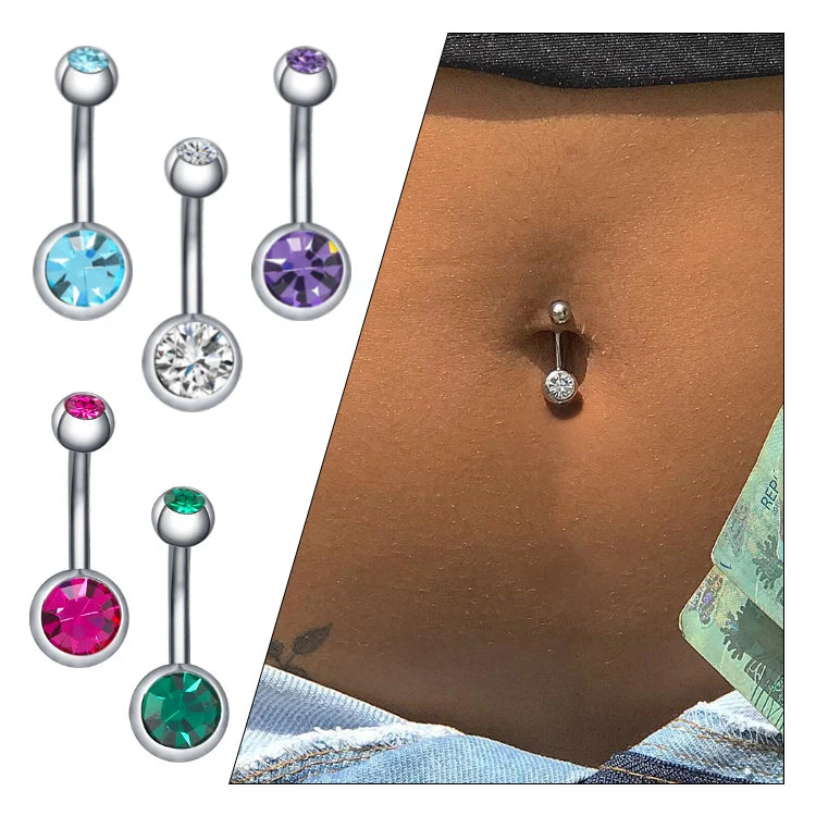 POENNIS Charm 5 Zircon Long Dangle Bulk Navel Button Piercing Jewelry Stainless Steel Double Gem Women Belly Rings Wholesale