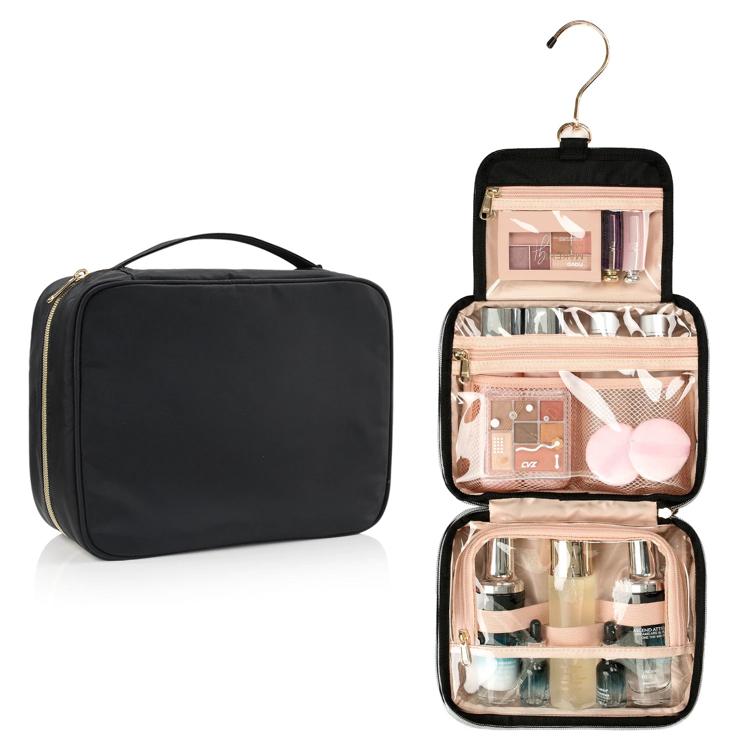 For Large Capacity Portable Zipper Closure Nylon Cosmetic Organizer Pouch Waterproof Wash Hanging for Bag with Hook
