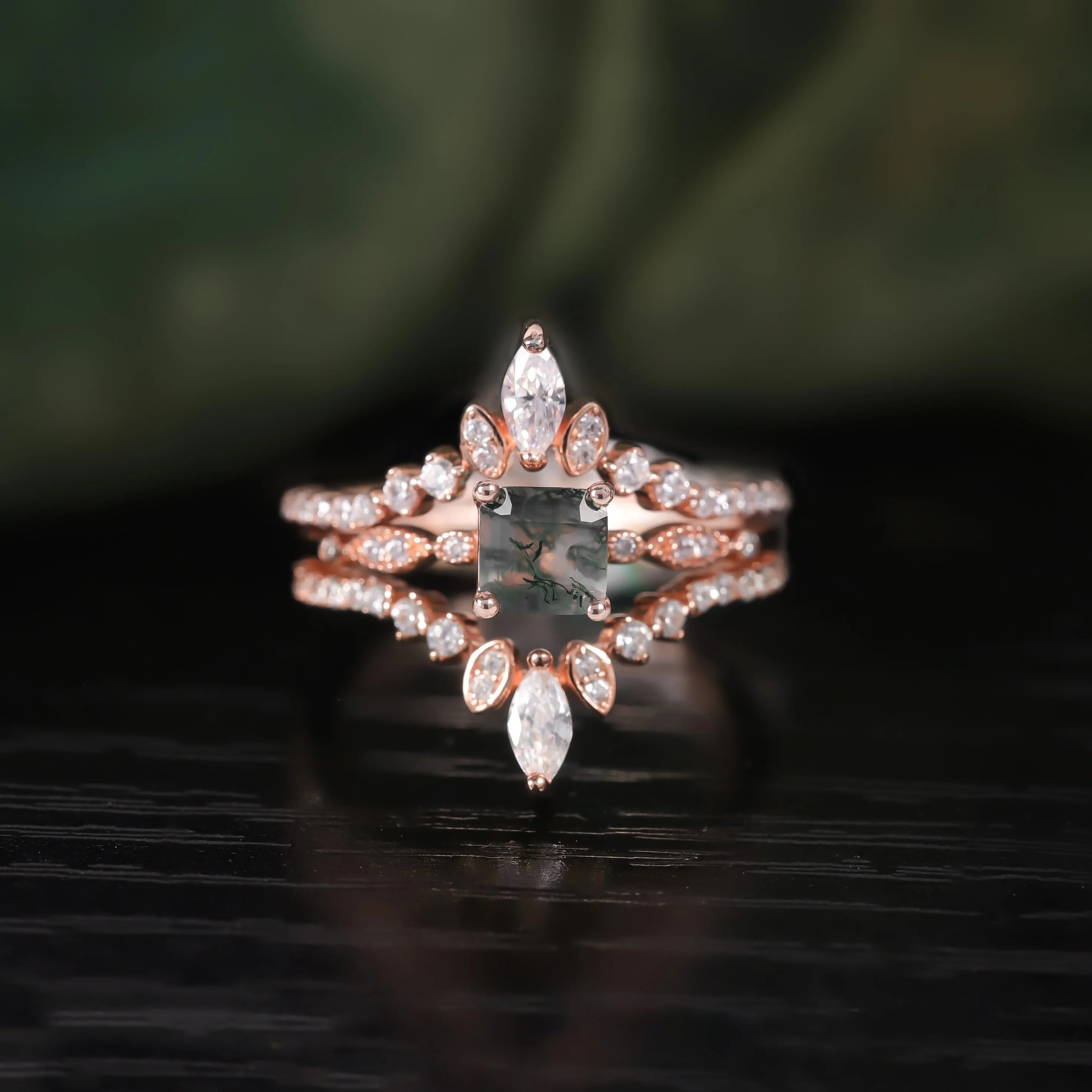 OL1031 Abiding Fine Jewelry 925 Sterling Silver Rose Gold Plated Natural Green Moss Agate 3 Pieces Women Wedding Rings Set