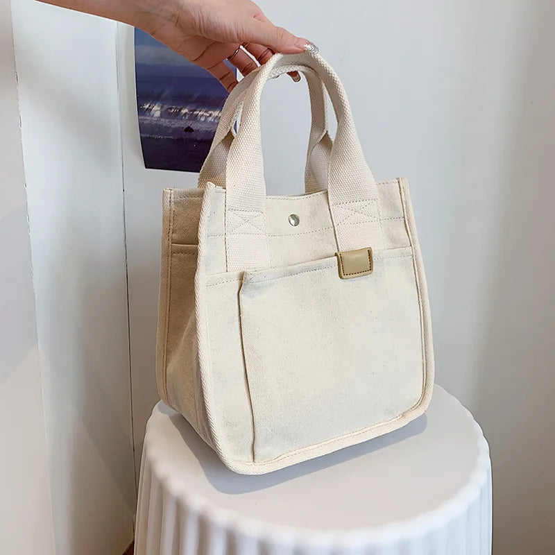 Reusable Shopping Bag Cotton Canvas Shopping With Strap Multiple Pockets Shoulder Handbag