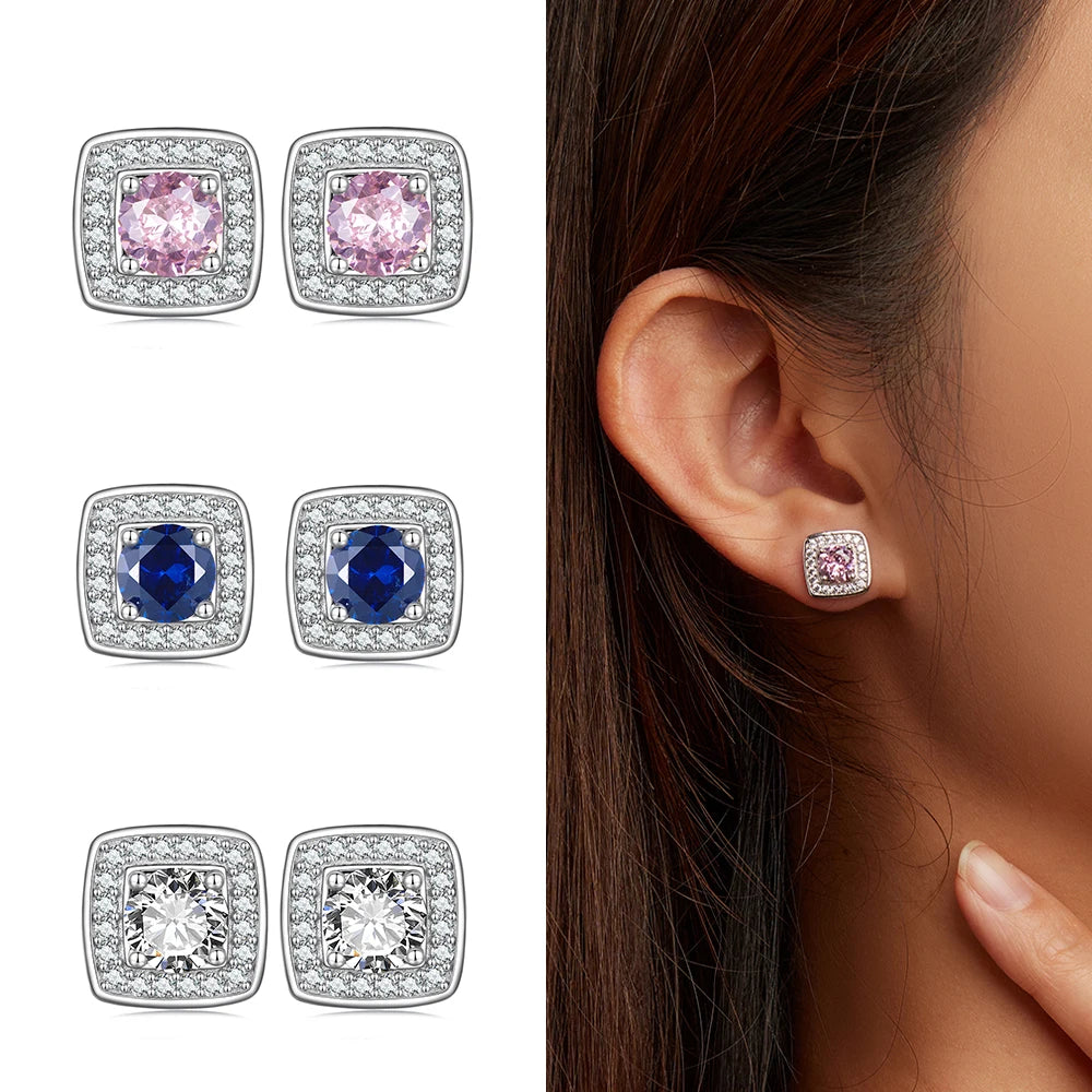 925 Sterling Silver Stud Earrings - Blue Pink Square Zircon Hypoallergenic Ear Studs for Women Cubic Zirconia Wedding Gift