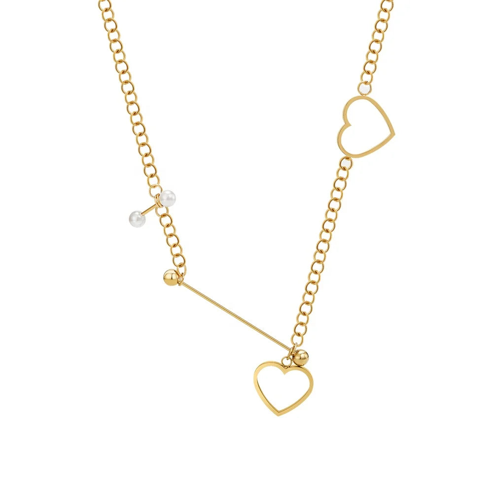 Fashion 18K Gold Plated Stainless Steel Jewelry Hollow Double Heart Steel Ball Pendant Pearl Charm for Women Necklace P233371
