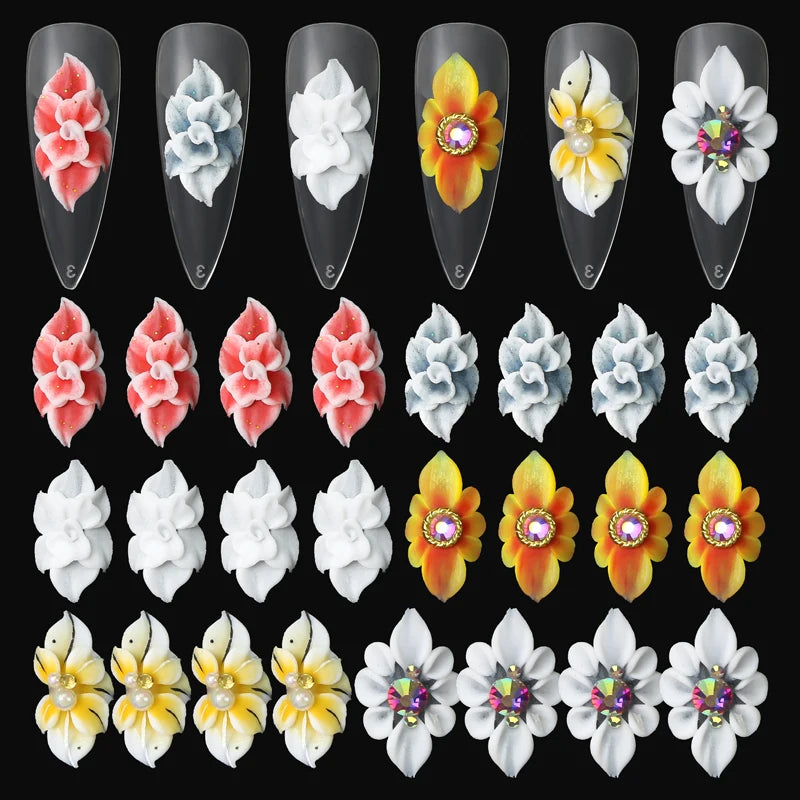 White Pink Handmade Acrylic Flower Nail Art Charms With Petal Shiny Diamond Press on Nail Rhinestones Jewely Manicure Decoration