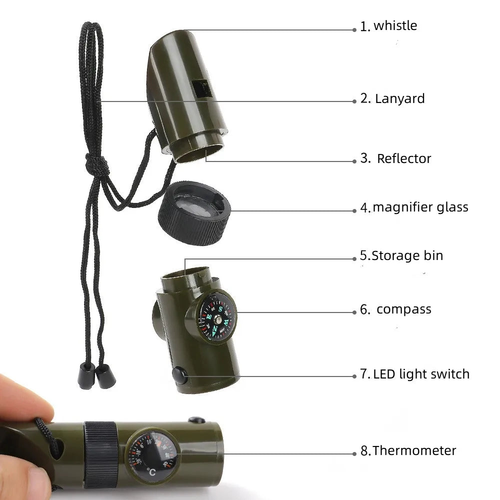 2023 7 in 1 Emergency Whistle with Rope Reflector LED Light Camping Hiking Hunting Fishing Adventure