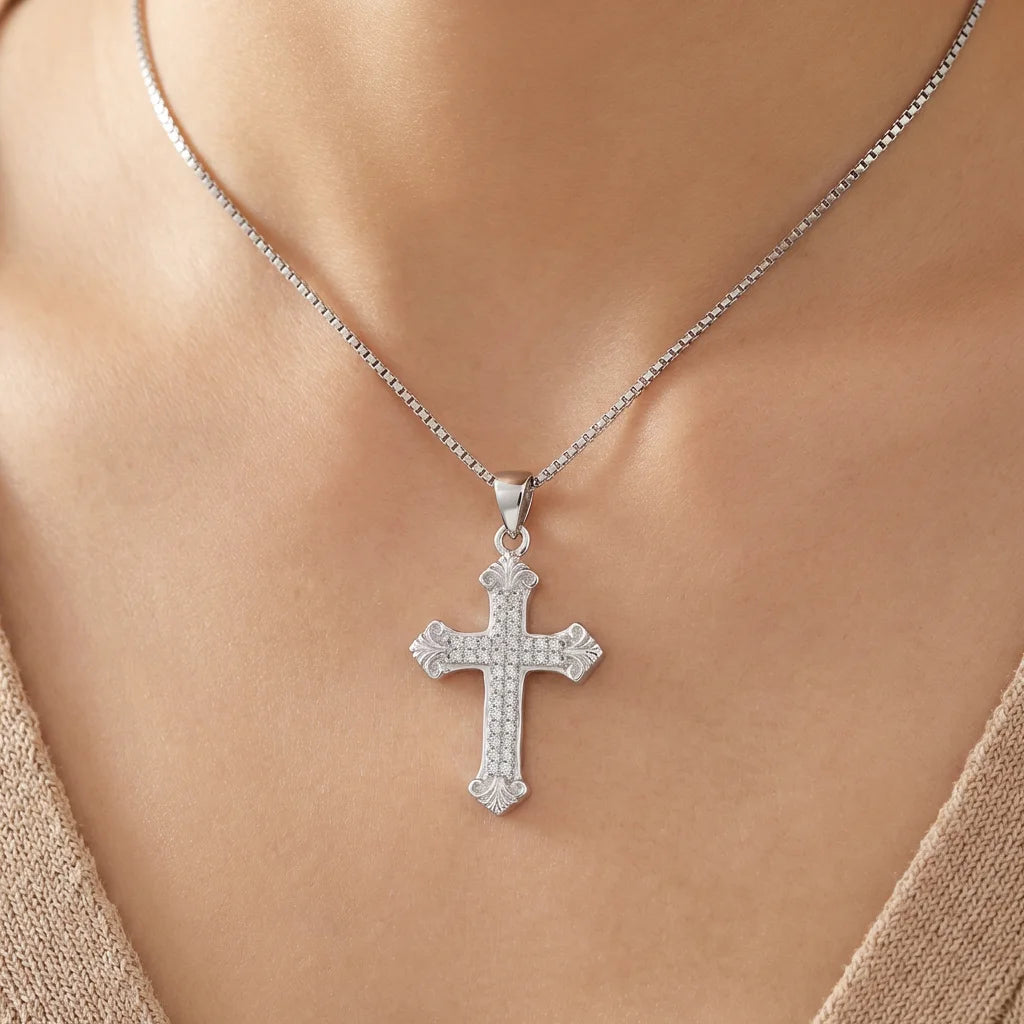 Wholesale Charm Pendants Rhodium Plated Cubic Zirconia Cross Christian Retro 925 Sterling Silver Fine Jewelry