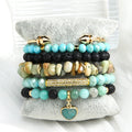 Fashion New Bohemian Women Jewelry 6 Pcs Black lava Natural Stone Glass Bead Elastic Bracelet Heart Stone Charm Stack Bracelet
