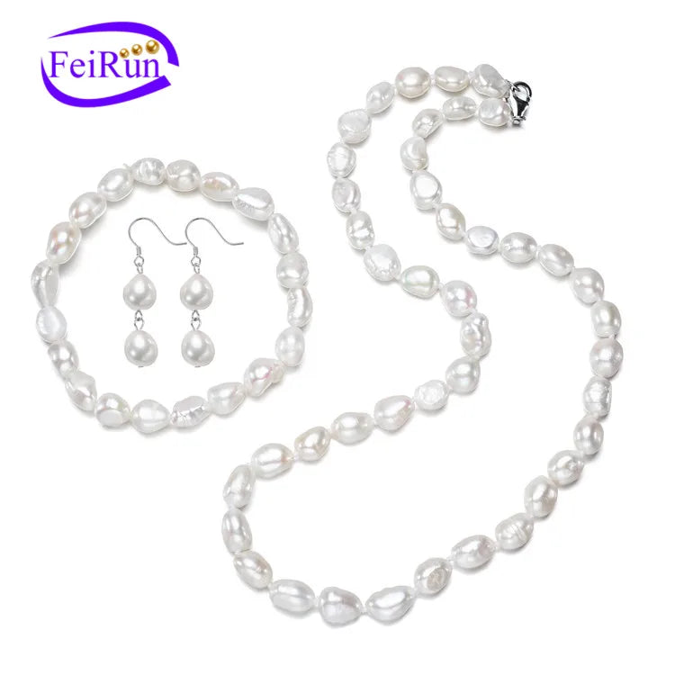 FEIRUN 8mm Baroque AA Cheap Pearl Necklace and Earring Set White Color Freshwater Jewelry
