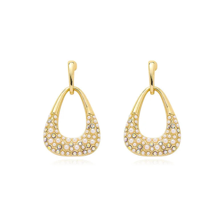 AA00938 Vintage 925 Sterling Sliver Pearl Earrings Chunky Bling Bling Rhinestone Crystal Geometric Stud Earrings