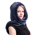 MWFur Fashion Knit Rex Rabbit Fur Hooded Scarf Multicolor Thick Fur Snood Hat Rabbit Fur Snood Hat for Women