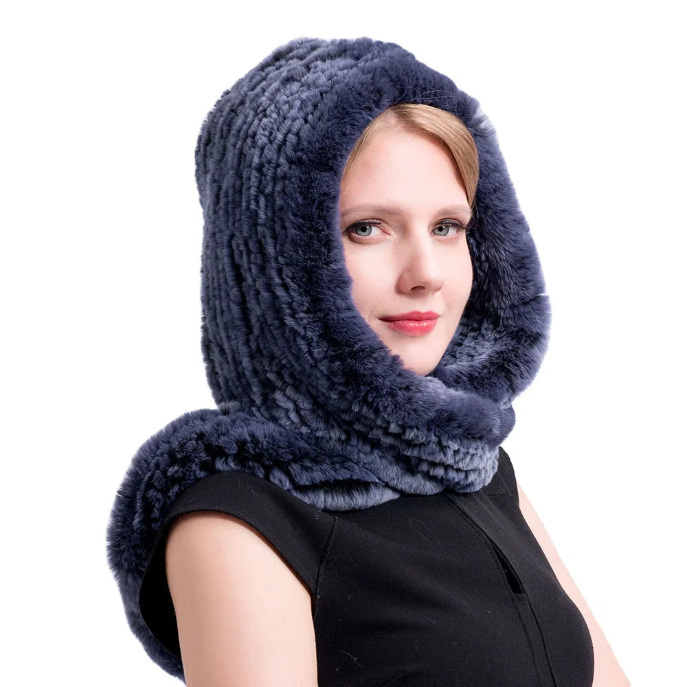 MWFur Fashion Knit Rex Rabbit Fur Hooded Scarf Multicolor Thick Fur Snood Hat Rabbit Fur Snood Hat for Women