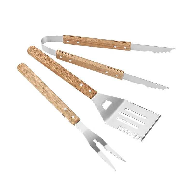 Outdoor 3 Pack Stainless Steel BBQ Tool Set with Wooden Handle Barbecue Spatula Fork Tongs