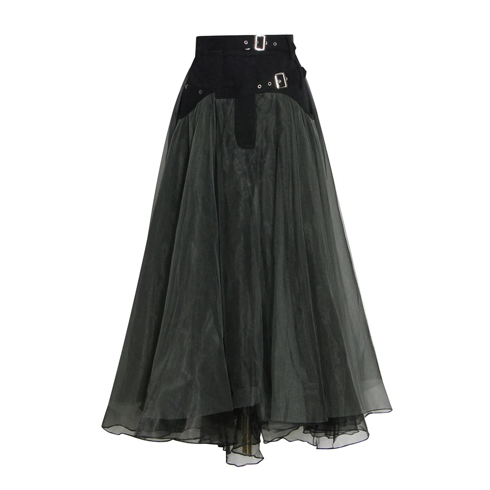 TWOTWINSTYLE Patchwork Mesh Skirt Women Belt Buckle Colorblock High Waist Slim Midi Skirts