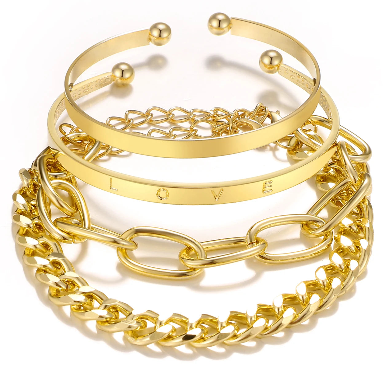 Hiphop Punk Love Bangles Heavy Metal Big Thick Chain Bracelet Set for Women Retro Chain Bracelet FashionJewelry