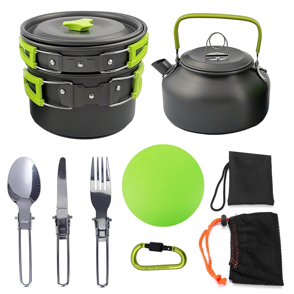 14pcs Lightweight Aluminum & Stainless Steel Kitchen Cookware Set Outdoor Mess Kit with Cups Plates Forks for Camping