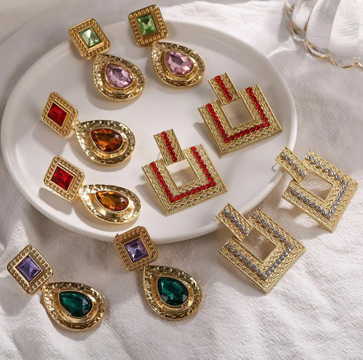 2023 New Fashion Alloy Gold Drop square Rhinestone Irregular Earrings