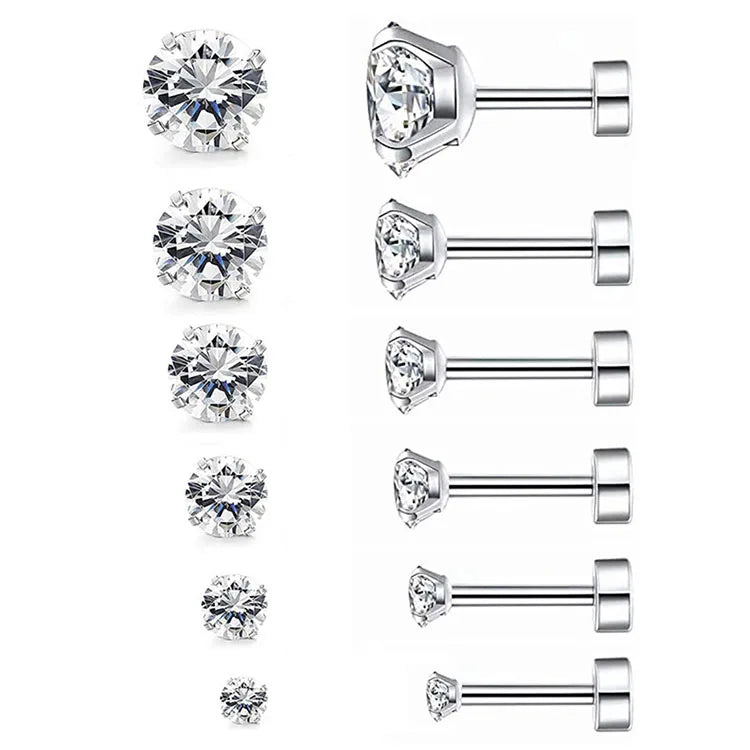 G2318 Wholesale 3MM-8MM Stainless Steel CZ Men Cartilage Piercing Ear Studs Zircon Fashion Jewelry Earrings