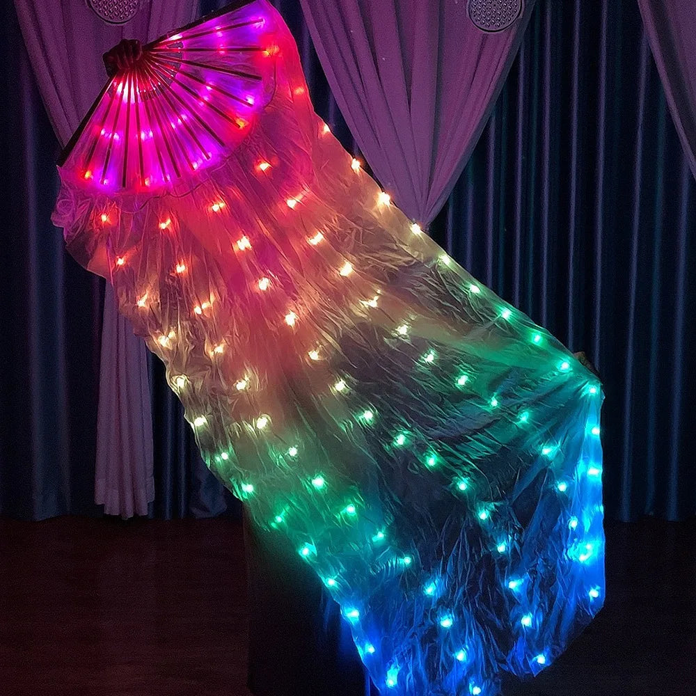 One Piece LED Women Real Silk Belly Dance Fan Veil Rainbow Silk Fan Performances Colorful Long Folding Hand Fan Veil