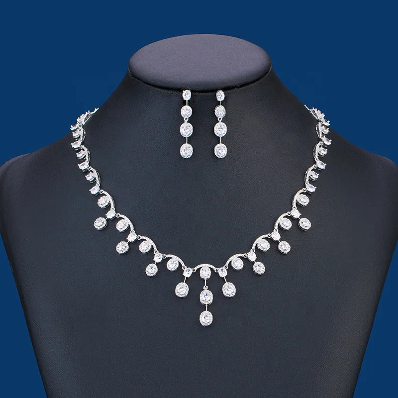 Delicate Zircon Sparkling Bridal Jewelry Set Cushion Full Necklace and Earrings for Wedding Party Anniversary Engagement