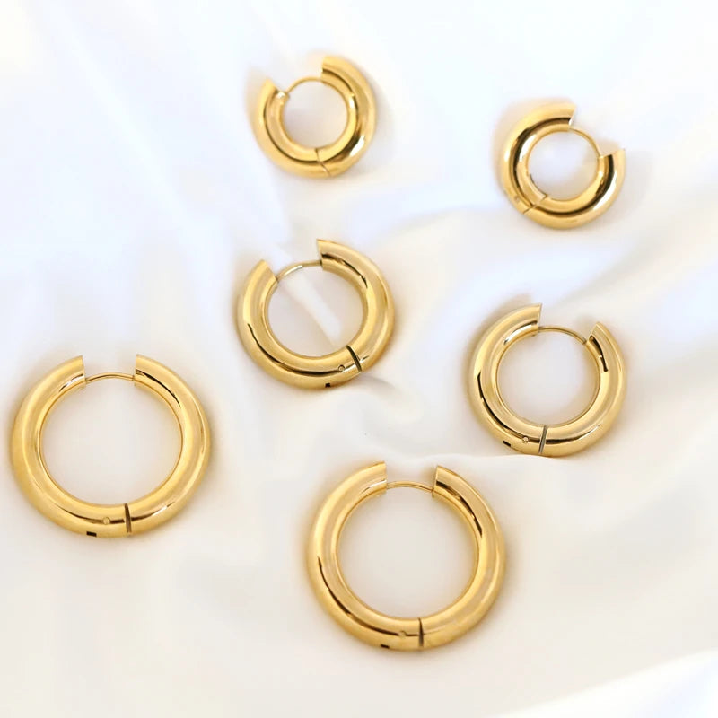 High End Polished 18k Gold Plated Stainless Steel 5mm Chunky Solied Line Gold Earring Hoop Brinco