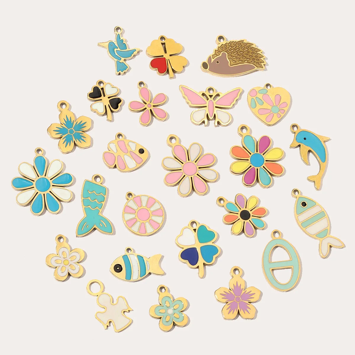 Beimai OEM Charms for Jewelry Making Angel Dolphin Bird Flower Colorful Dripping Oil Stainless Steel DIY Pendant Accessories