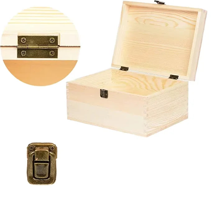 Plain Pine Box for Crafts DIY Storage Jewelry Unfinished Unpainted Wooden Box with Hinged Lid