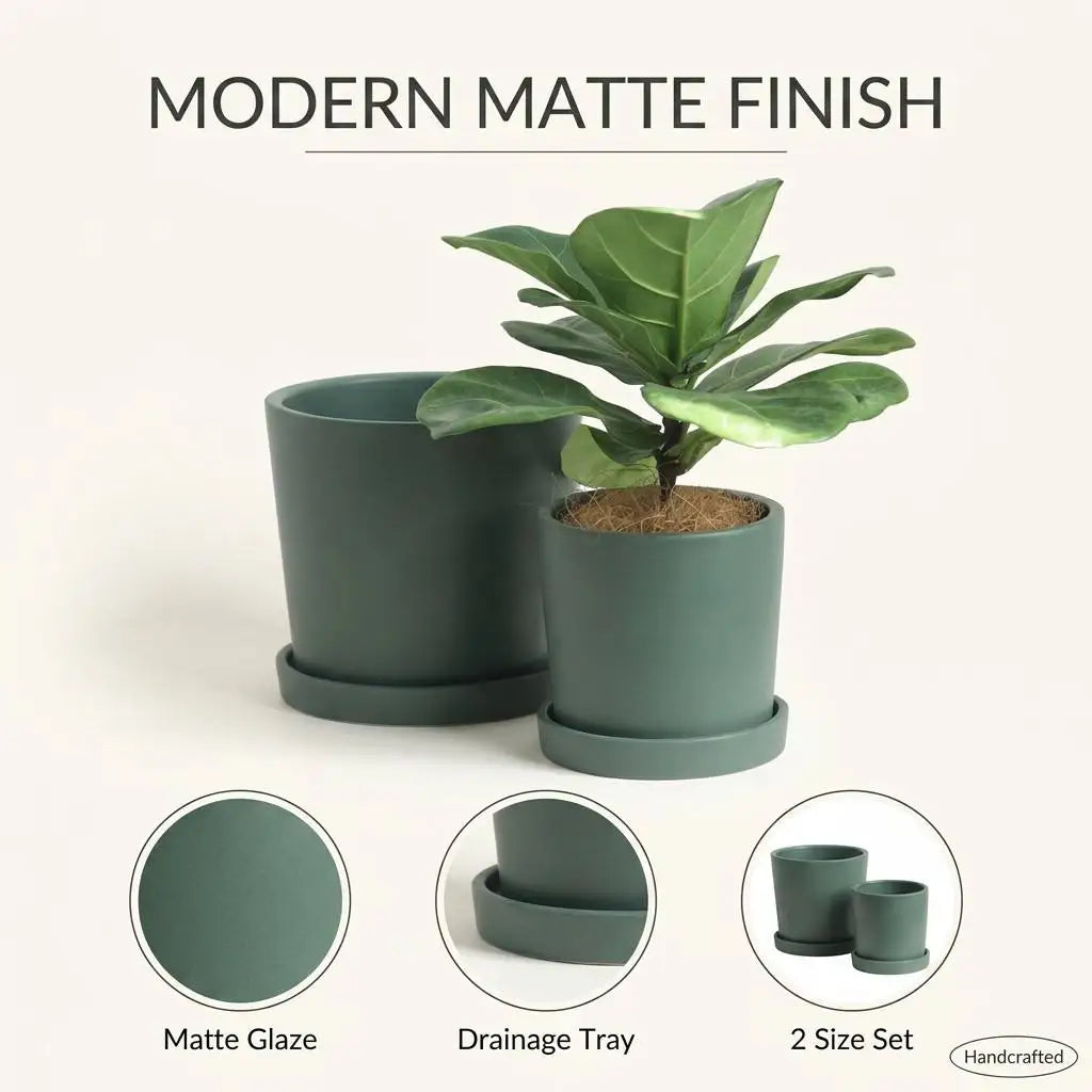 Nordic Simple Style Round Ceramic Flower Pots with Saucer and Drainage Hole Lightweight 1kg for Home & Garden Decor