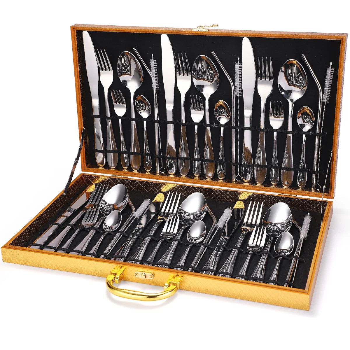 42 Pcs Flatware Set Knife Fork Spoon Straw Set Utensils Stainless Steel Cutlery Set with Wooden Box for Gift Box