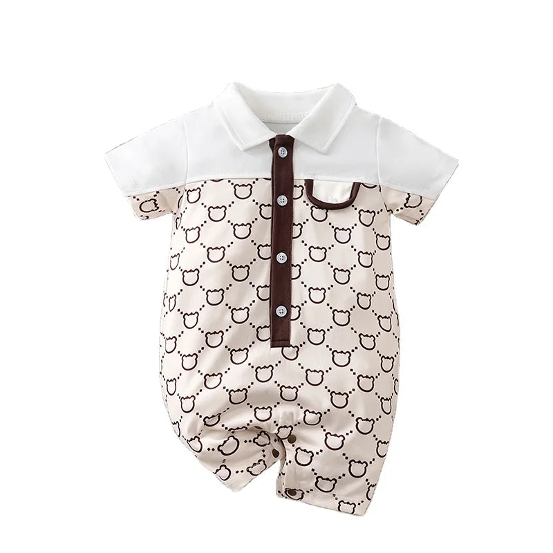 OEM Adorable Toddler Boy Girl Summer Romper Polo Collar with Allover Bear Print and Pocket Short Jumpsuit 0-24 Months